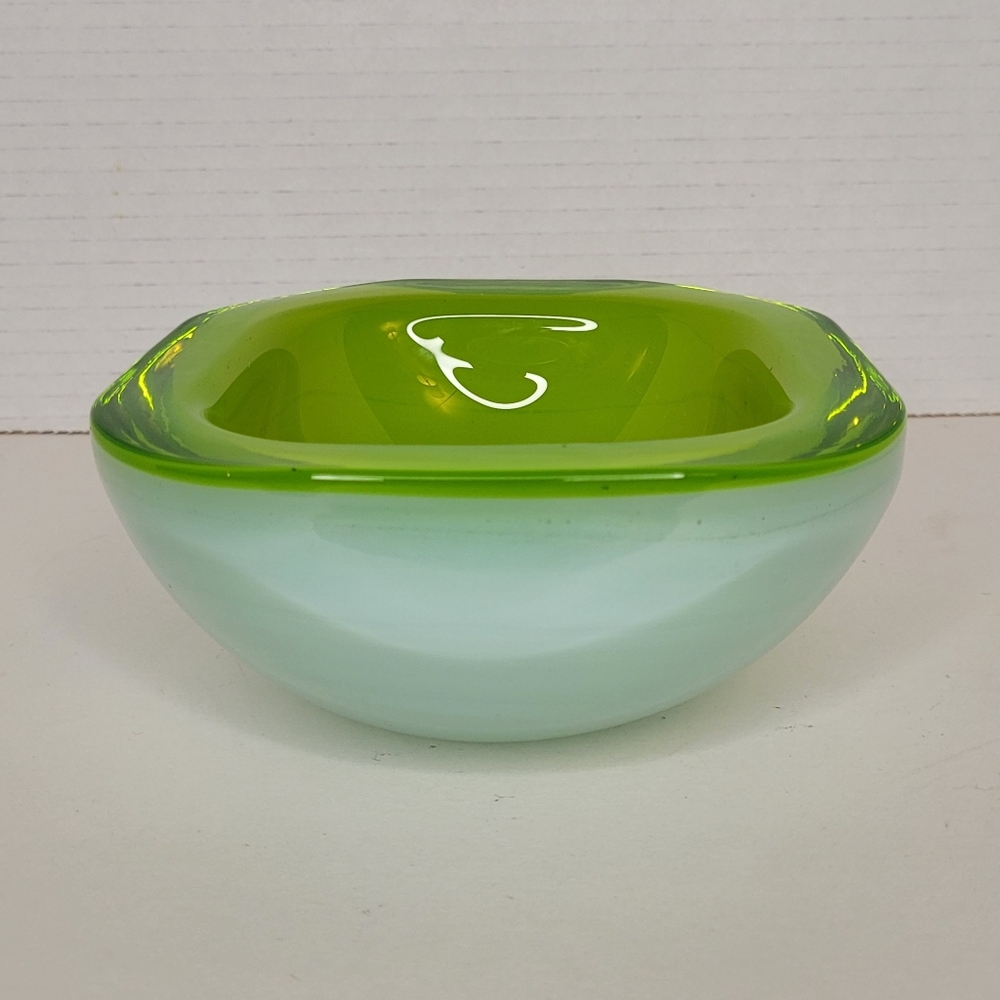 Cenedese Thick Square Sommerso Lime Green Opaline Murano Art Glass Bowl Excellen